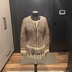 Chunky boho lace up sweater | mohair blend fringe knit | lagenlook festival- L